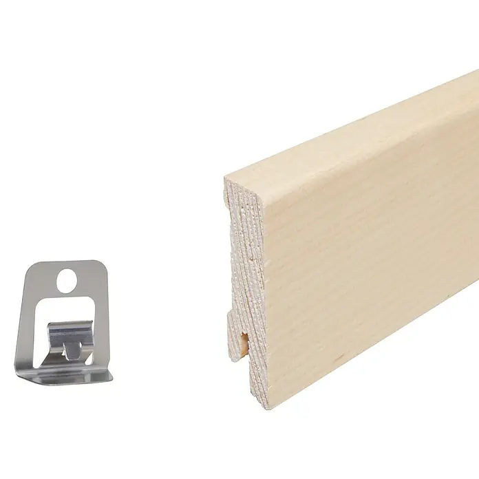 Sockelleiste - 240 x 1,6 x 5,8 cm, Ahorn - Holzleiste und Montage-Clip, ideal für einfache Wandbefestigung. Das helle Holzdesign passt zu vielen Einrichtungsstilen und sorgt für ein sauberes Finish.