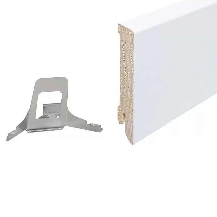 Sockelleiste - 240 x 1,6 x 7,8 cm, Kiefer - Weiße Fußleiste mit Metall-Montageclip zur einfachen Befestigung.