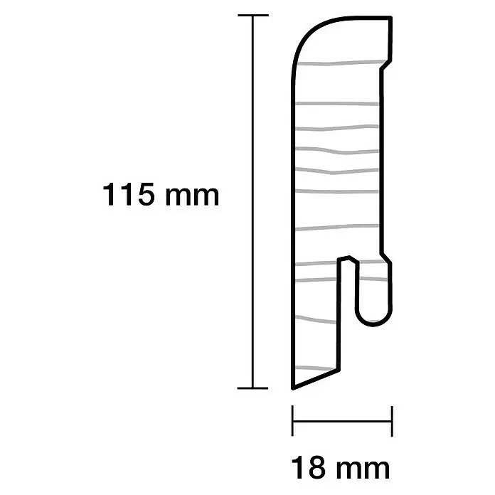 Sockelleiste - 240 cm x 1,8 cm x 11,5 mm, Kiefer, Weiß - Profilquerschnitt, 115 mm hoch und 18 mm breit, mit gebogener Oberseite und unterer Nut.