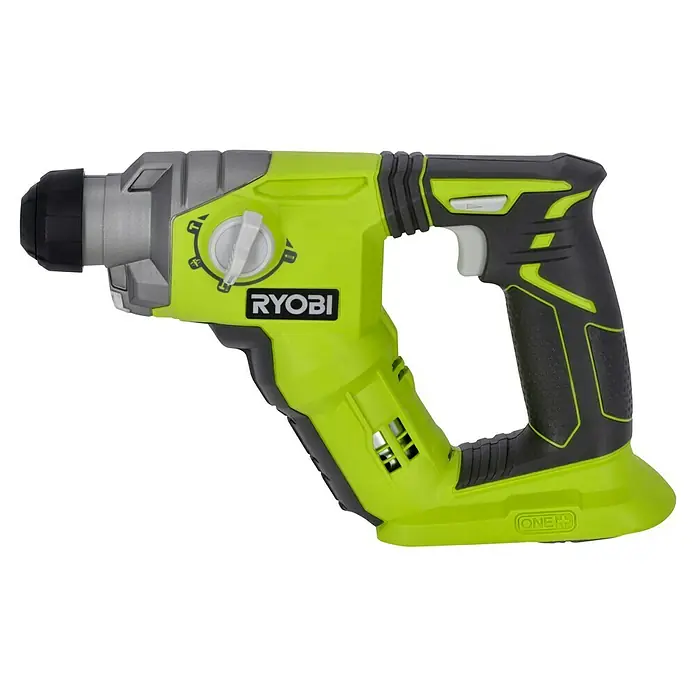 Ryobi ONE+ Akku-Kombihammer R18SDS-0 - 18 V, Ohne Akku, 1,3 J - Ein grüner und grauer Ryobi ONE+ Akku-Bohrhammer mit einem schwarzen Griff und einer schwarzen Werkzeugaufnahme.