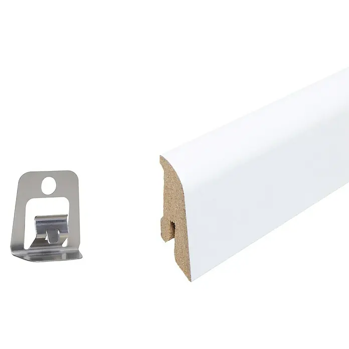 Sockelleiste - 240 x 1,8 x 4 cm, MDF - Weiße Sockelleiste mit Befestigungsclip, ideal für stilvolle Bodenabschlüsse und einfache Montage.