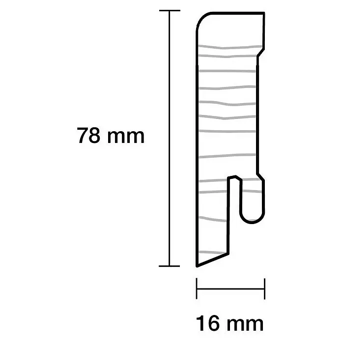 Sockelleiste - 240 x 1,6 x 7,8 cm, Kiefer - Querschnitt eines 78x16mm Profils mit abgerundeter Oberseite, gekerbtem Boden und internen horizontalen Linien.