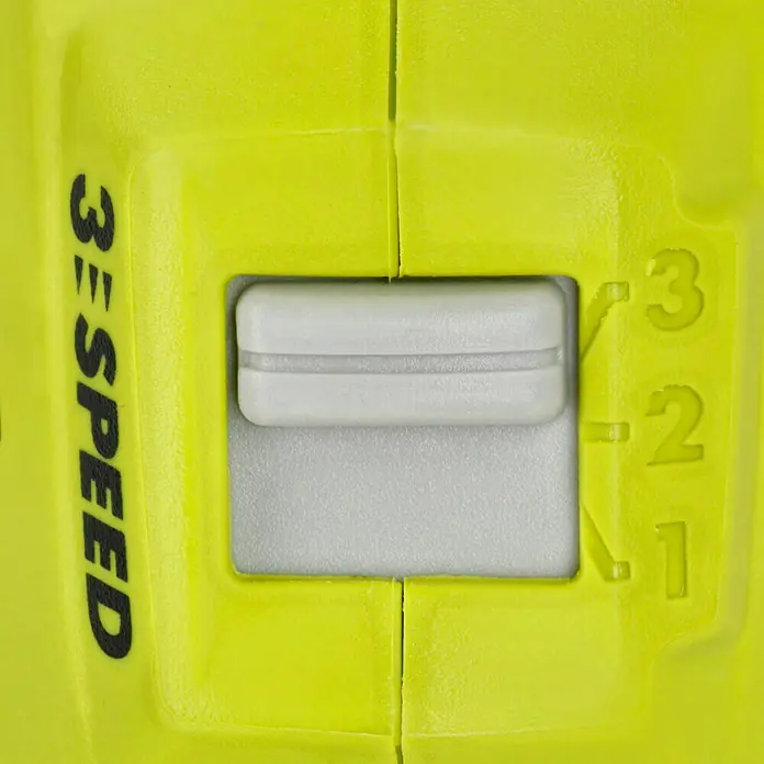 Ryobi ONE+ Akku-Schlagschrauber R18IW3-0 - 18 V, Ohne Akku, 400 Nm - Detailaufnahme einer gelben 3-Gang-Schaltung. Der Schalter steht auf Stufe 2 und ist bereit für den Einsatz.