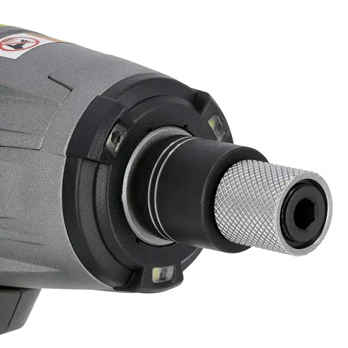 Ryobi ONE+ Akku-Schlagschrauber R18IW3-0 - 18 V, Ohne Akku, 400 Nm - Nahaufnahme eines grauen Akku-Schlagschraubers mit einem silbernen Sechskant-Bithalter und schwarzen Details.