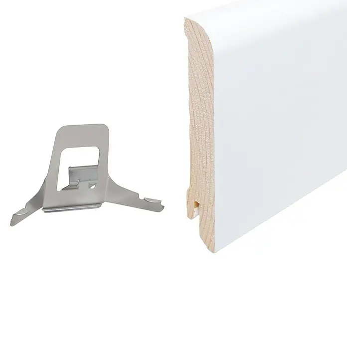 Sockelleiste - 240 cm x 1,8 cm x 9,6 mm, Kiefer, Weiß - Weiße Fußleiste mit Befestigungsclip für eine einfache und unsichtbare Montage, ideal für moderne Innenräume.