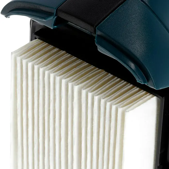Bosch Professional Akku-Handstaubsauger GAS 12V - 12 V, Li-Ionen, Ohne Akku, Luftmenge: 15 l/s, Karton - Nahaufnahme eines Luftfilters mit weißen, plissierten Falten in einem schwarzen und blaugrünen Gehäuse.