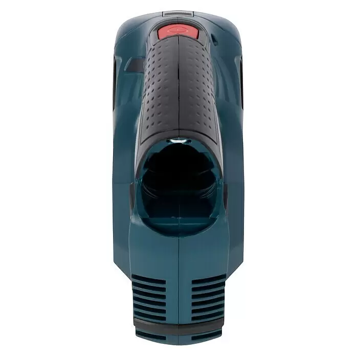 Bosch Professional Aspirador de mano de batería GAS 12V - 12 V, Iones de litio, Sin batería, Volumen de aire: 15 l/s - Herramienta eléctrica inalámbrica azul petróleo y negra con mango texturizado, botón rojo y ranura de batería vacía con rejillas de ventilación.