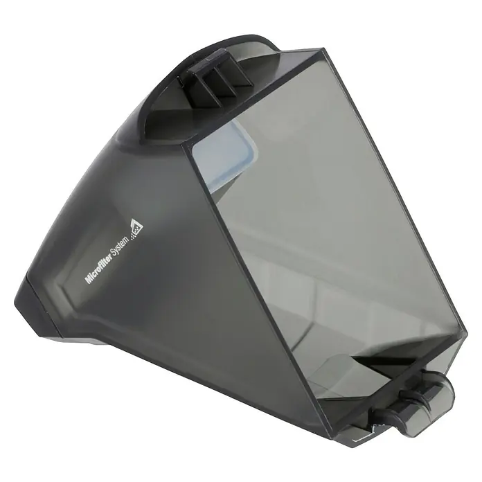 Bosch Professional Akku-Handstaubsauger GAS 12V - 12 V, Li-Ionen, Ohne Akku, Luftmenge: 15 l/s, Karton - Abgebildeter transparenter Staubbehälter mit dem Aufdruck „Mikrofiltersystem“, für Staubsauger, der eine effiziente Staubaufnahme ermöglicht.