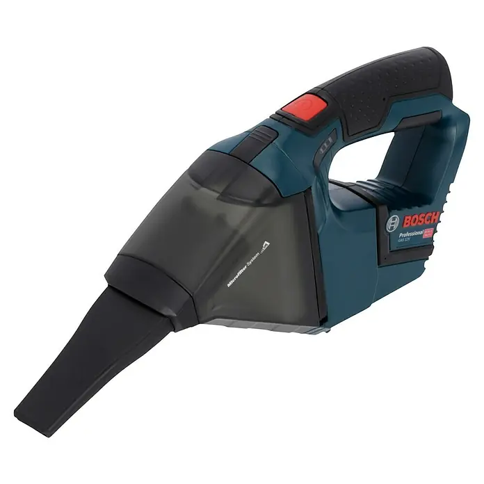 Bosch Professional Akku-Handstaubsauger GAS 12V - 12 V, Li-Ionen, Ohne Akku, Luftmenge: 15 l/s, Karton - Abbildung eines Bosch Professional GAS 12V Akku-Staubsaugers mit schwarzem Griff und transparentem Staubbehälter.