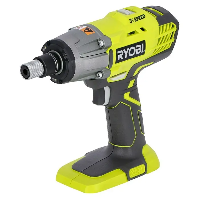 Ryobi ONE+ Akku-Schlagschrauber R18IW3-0 - 18 V, Ohne Akku, 400 Nm - Das Bild zeigt einen gelb-grauen Ryobi Akku-Schlagschrauber vor schwarzem Hintergrund. Der Akku-Schlagschrauber hat eine 3-Gang-Funktion.