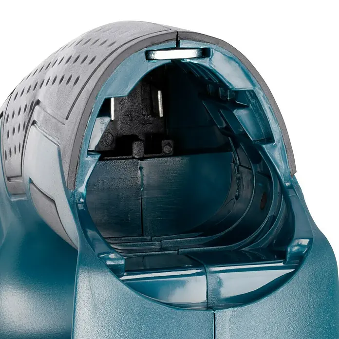Bosch Professional Akku-Handstaubsauger GAS 12V - 12 V, Li-Ionen, Ohne Akku, Luftmenge: 15 l/s, Karton - Nahaufnahme des Inneren eines türkisfarbenen Elektrowerkzeugs, das seine komplizierte Bauweise und Bauteile zeigt.