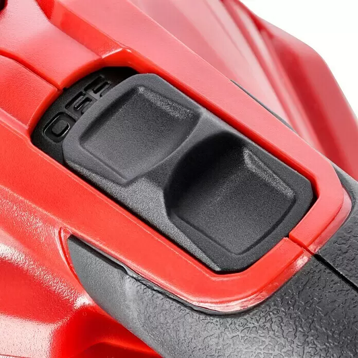 Einhell PXC 18V Aspirador de mano de batería TE-VC 18 Li-Solo - 18 V, Sin batería - Primer plano de un mango de herramienta eléctrica rojo con agarre texturizado negro y un interruptor "OFF" junto a dos botones negros.