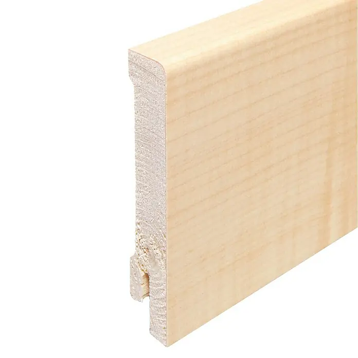 Sockelleiste - 240 x 1,6 x 8 cm, Ahorn - Nahaufnahme einer Holzfußleiste. Diese Sockelleiste ist unbehandelt und zeigt die natürliche Holzmaserung. Perfekt für jeden Raum.