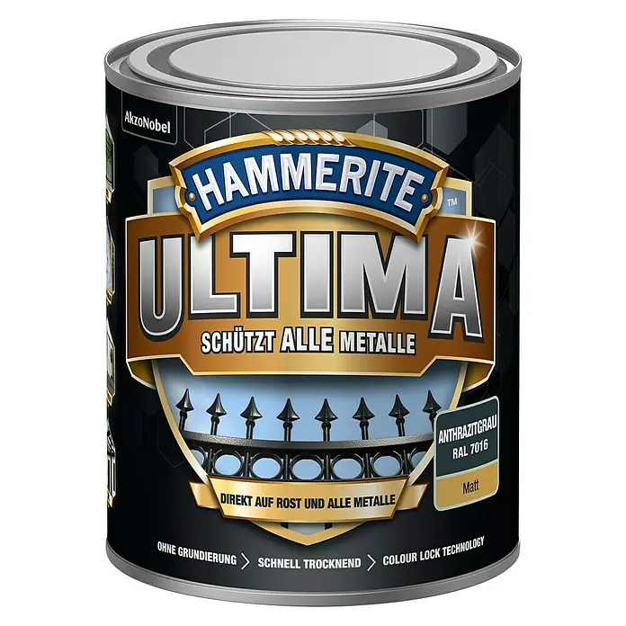 Hammerite Ultima Metall-Schutzlack - RAL 7016, Anthrazitgrau, 750 ml, Matt, Wasserbasiert - Dose Hammerite Ultima Anthrazitgrau RAL 7016 Matt, Metallschutzfarbe für den direkten Auftrag auf Rost, ohne Grundierung.