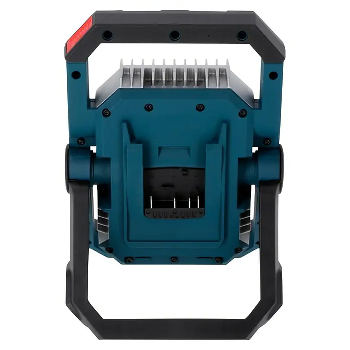 Bosch Professional AMPShare 18V LED-Akkustrahler GLI 18V-1900 - 18 V, Ohne Akku, Lichtstrom: 1.900 lm - Rückansicht einer akkubetriebenen LED-Arbeitsleuchte mit robustem Rahmen und Kühlrippen.