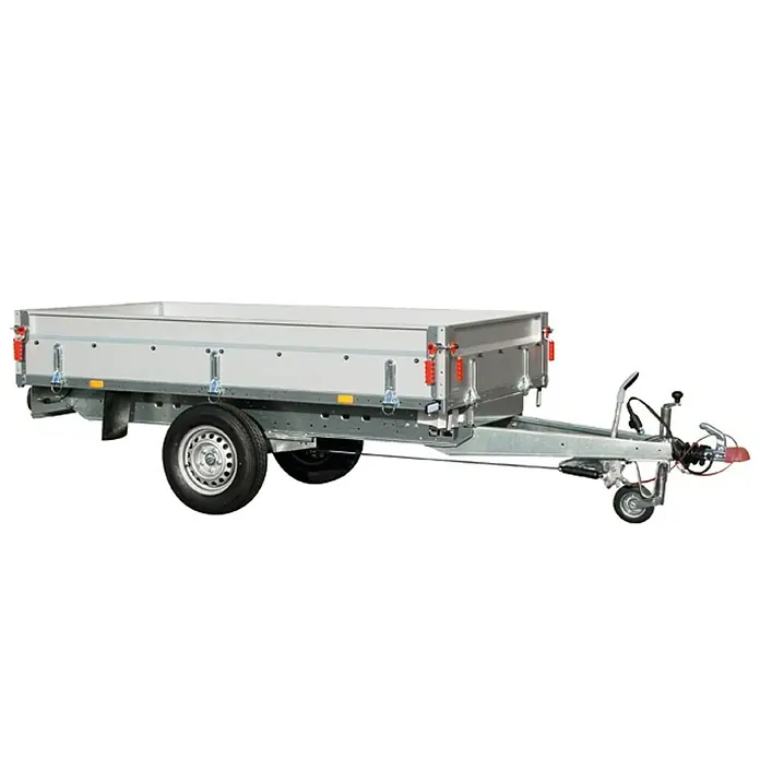 Stema Anhänger BASIC SH 1000-25-13.1 - Nutzlast: 764 kg, Einachser, Kasteninnenmaß: 251 x 128 x 35 cm, Gebremst - Ein silberner Anhänger mit offener Ladefläche, ideal für den Transport verschiedener Güter und Materialien.