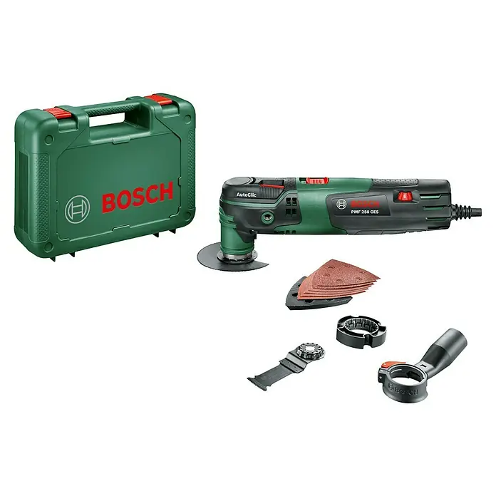Bosch Multiherramienta PMF 250 CES - 250 W, Sistema STARLOCK - El juego multiherramienta Bosch PMF 250 CES con accesorios y estuche de almacenamiento. Versátil para diversas tareas de bricolaje.