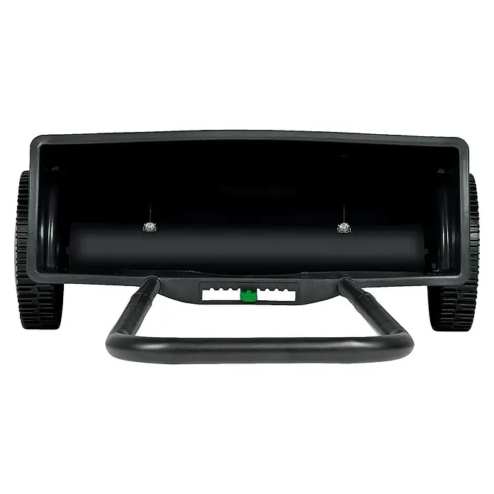 Gardol Carro esparcidor ST 451 - 12 l, Plástico - Vista superior de un esparcidor de césped negro con asa y ruedas. Está diseñado para la distribución uniforme de semillas o fertilizantes.