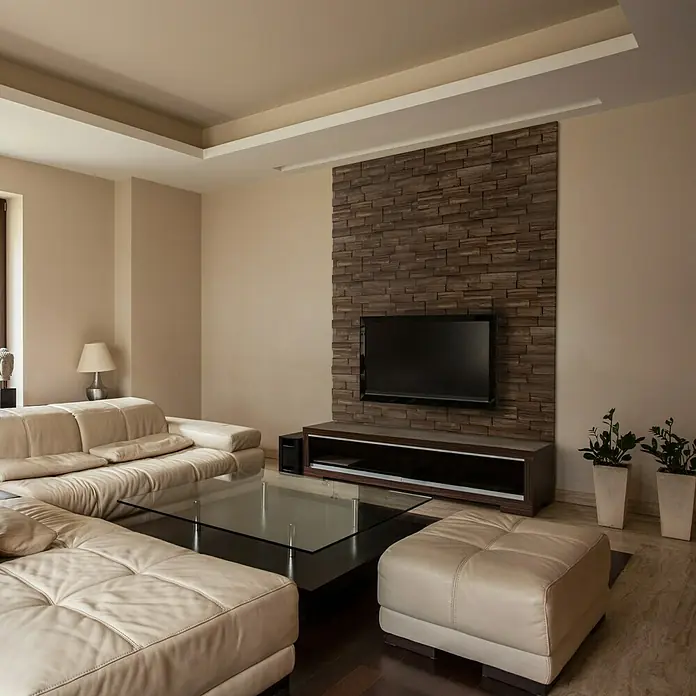 Wandpaneel Axen I - Kiefer, 780 x 190 mm, Stärke: 6 mm - 17 mm, 0,59 m² - Elegantes Wohnzimmer mit bequemer Couch, modernem Fernseher und stilvollem Couchtisch, die ein harmonisches Gesamtbild ergeben.