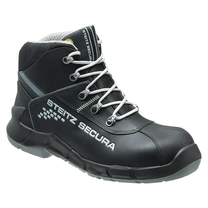 Steitz Secura Sicherheitsstiefel VX PRO 7750 - 44, Schutzklasse nach EN ISO 20345: S3, Schwarz/Grau - Schwarzer Steitz Secura Sicherheitsschuh mit Schnürsenkeln und grauer Sohle. Ideal für den Arbeitsschutz mit optimalem Tragekomfort.