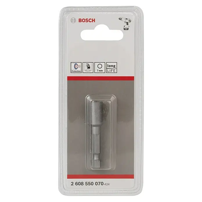 Bosch Steckschlüsseleinsatz - Schlüsselweite: 7 mm, Geeignet für: Akkuschrauber - Verpackter Bosch 7-mm-Schraubenschlüssel-Bit für langanhaltende Leistung und Schutz, ideal für Schraubarbeiten mit Bohrmaschinen.