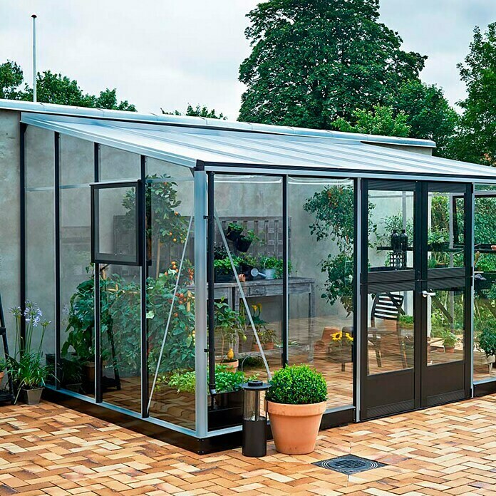 Juliana Gewächshaus Veranda (2,93 x 4,39 x 2,59 m, Sicherheitsglas, Glasstärke: 3 mm, Silber)