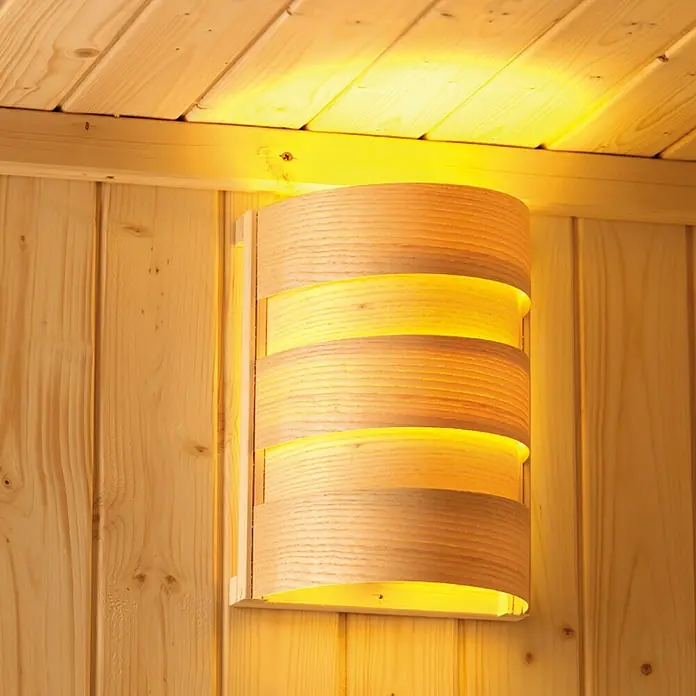 Karibu Saunaleuchte Plug & Play Classic - Max. Leistung: 40 W, Espenholz - Holz-Wandleuchte: Eine moderne, dekorative Innenleuchte für ein gemütliches Ambiente mit warmem Licht.