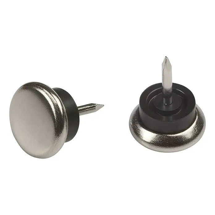 Stabilit Stahl-Gleiter18 mm, 8 Stk., Mit Stift - Das Bild zeigt zwei Möbelgleiter aus Metall mit einem schwarzen Kunststoffring zur einfachen Montage unter Möbelstücke.