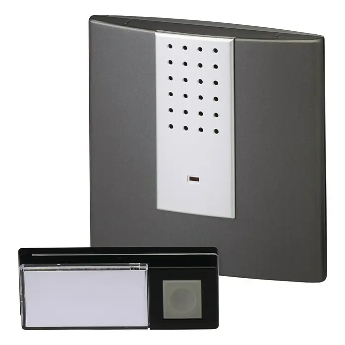 Heidemann Funk-Gong-Set HX Square - Reichweite ca.: 200 m, 70 dB - 90 dB, Batteriebetrieben, IP55 - Bild eines Türsprechanlagen-Sets mit Lautsprecher und Klingeltaster. Das Set ist in einem modernen, schlichten Design gehalten.
