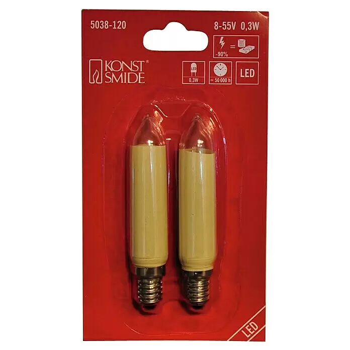 Konstsmide LED-Ersatzbirne -  - Zwei LED-Kerzenlampen mit E10-Sockel in roter Blisterverpackung. 8-55V, 0,3W, 50.000h Lebensdauer.