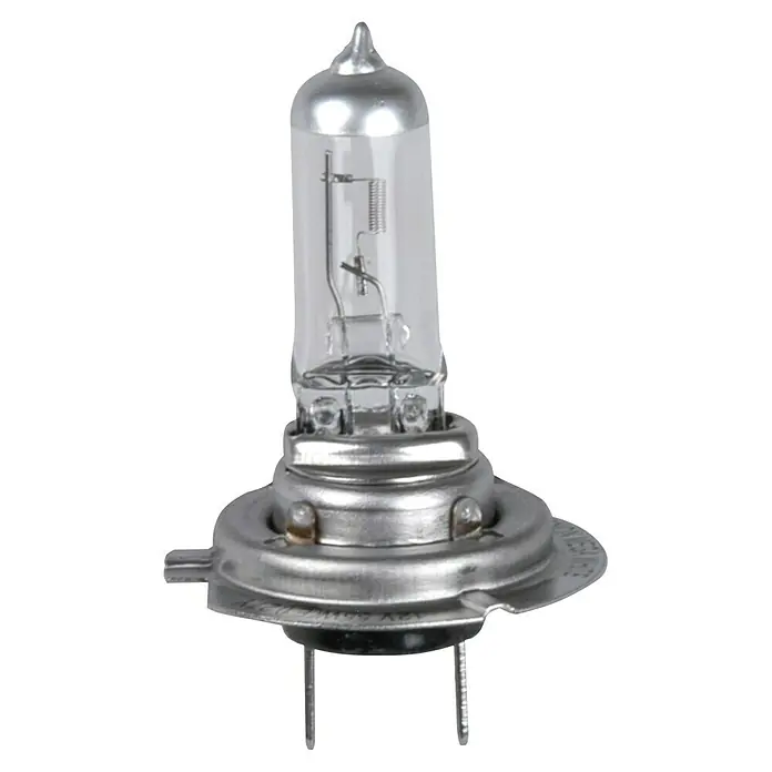 UniTEC Hauptscheinwerfer-Lampen XENON Mega White - H7, 2 Stk. - Nahaufnahme einer H7-Halogenlampe mit silberfarbenem Sockel und klarem Glaskolben, ideal für Fahrzeugscheinwerfer.