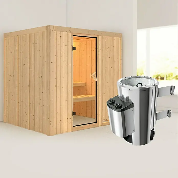 Karibu Elementsauna Daria - Mit 3,6 kW Ofen mit integrierter Steuerung, Ohne Dachkranz, L x B x H: 196 x 170 x 192 cm - Abbildung einer Sauna mit einem Saunaofen im Vordergrund. Der Ofen ist aus Edelstahl und hat schwarze Bedienelemente.