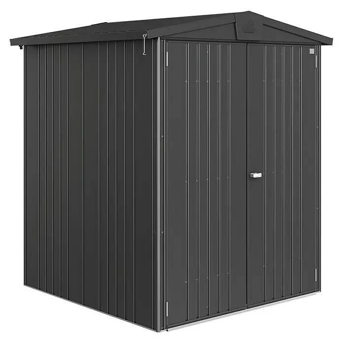Biohort Europa Gerätehaus Europa Gr. 2 - Außenbreite inkl. Dachüberstand: 172 cm, Außentiefe inkl. Dachüberstand: 156 cm, Stahl, Dunkelgrau Metallic - Diagonale Ansicht