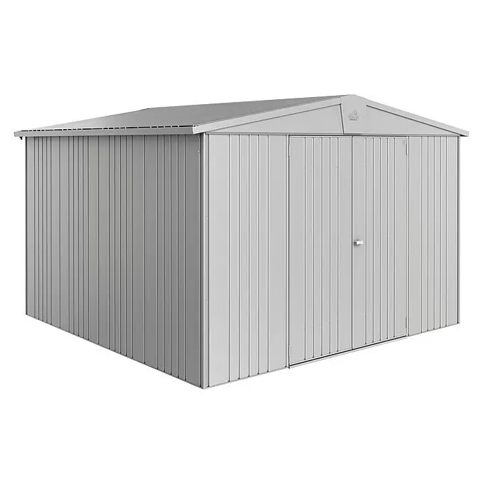 Biohort Europa Gerätehaus Europa Gr. 7 - Außenbreite inkl. Dachüberstand: 316 cm, Außentiefe inkl. Dachüberstand: 300 cm, Stahl, Silber Metallic - Diagonale Ansicht