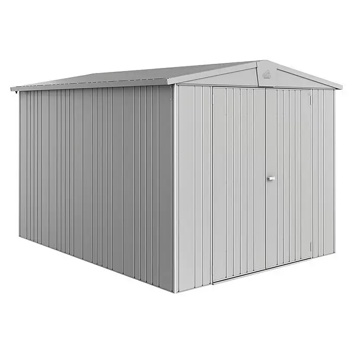 Biohort Europa Gerätehaus Europa Gr. 6 - Außenbreite inkl. Dachüberstand: 244 cm, Außentiefe inkl. Dachüberstand: 300 cm, Stahl, Silber Metallic - Silber-graues Metallgartenhaus mit Satteldach und Doppeltüren.