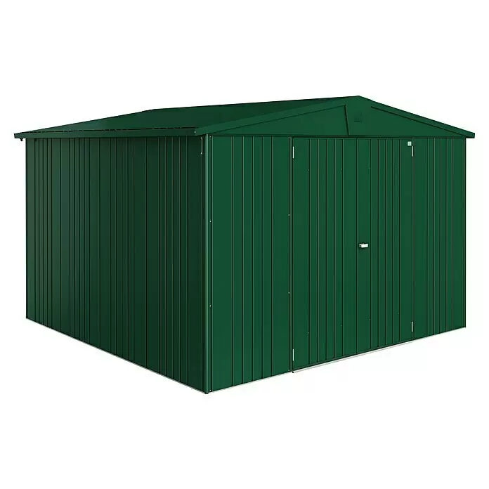 Biohort Europa Gerätehaus Europa Gr. 7 - Außenbreite inkl. Dachüberstand: 316 cm, Außentiefe inkl. Dachüberstand: 300 cm, Stahl, Dunkelgrün - Diagonale Ansicht