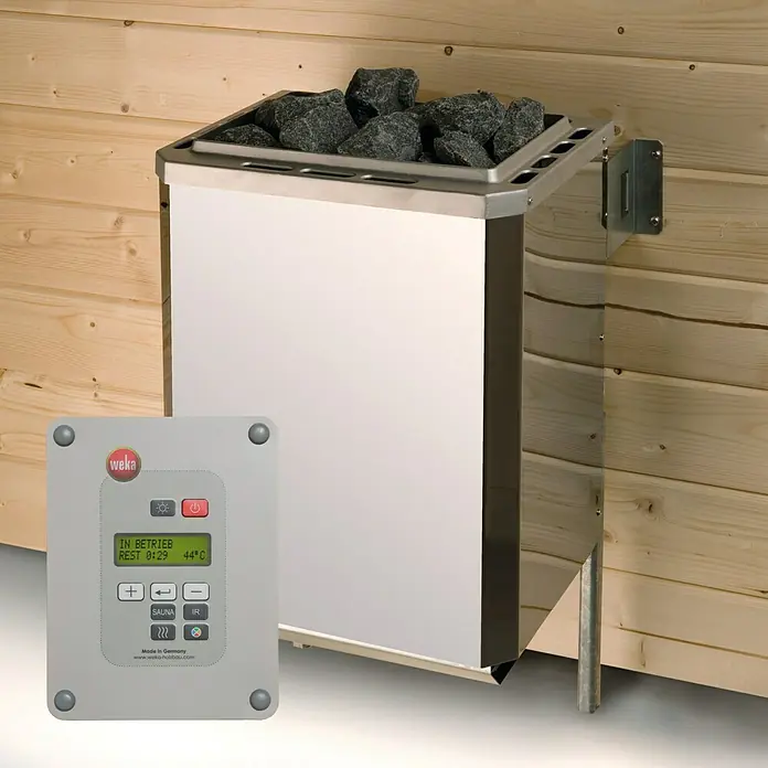 Weka Elementsauna 508 GTF Gr.3 OS - Elektroofen, Steuerung Ofen: Extern, L x B x H: 177 x 194 x 199 cm - Nahaufnahme eines Weka Saunaofens mit Steinen und Bedienelement zur Steuerung der Saunaeinstellungen.