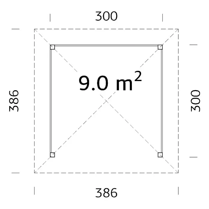 Palmako Pavillon Berta - L x B: 386 x 386 cm, Fichte, Natur - Quadratische Darstellung mit Maßangaben, Fläche 9.0 m², Seitenlängen 300 und 386. Ideal zur Flächenberechnung und Raumplanung.