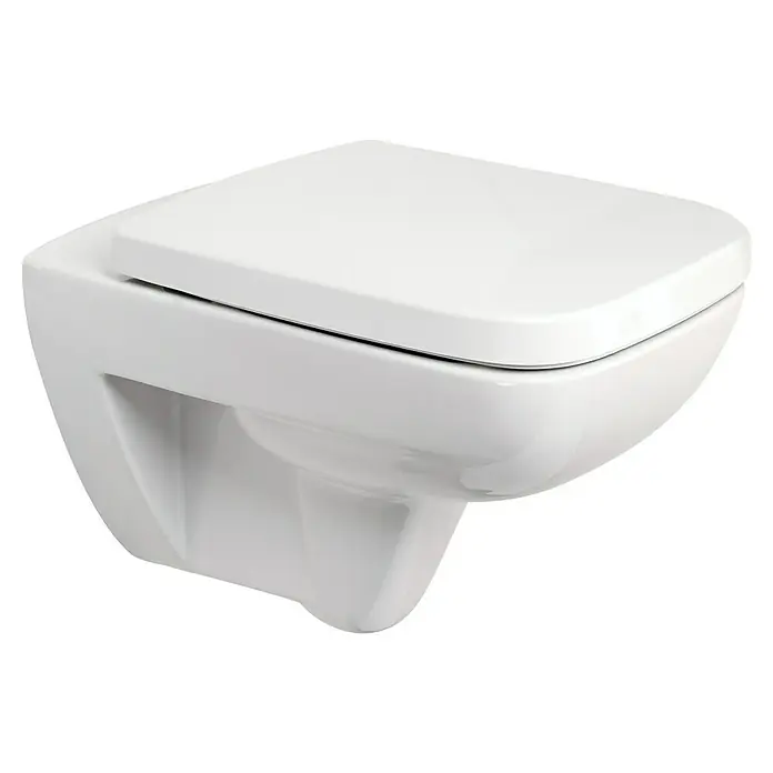 Geberit Renova Plan WC-Sitz - Duroplast, Weiß, Ohne Absenkautomatik, Befestigung von unten - Nahaufnahme einer wandmontierten weißen Keramiktoilette mit geschlossenem Deckel, die ein modernes Badezimmerdesign zeigt.