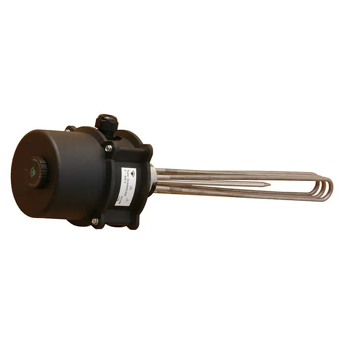 Sunset Elektro-Heizstab - 6 kW, 400 V, Einbautiefe: 450 mm - Nahaufnahme eines elektrischen Tauchsieders mit Thermostat und Heizwendel, ideal für die Warmwasserbereitung.