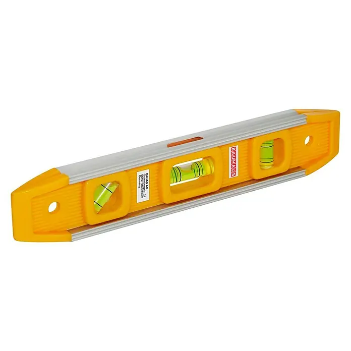 BAUHAUS Nivel de burbuja - L x An x Al: 23 x 1,7 x 4 cm, Aluminio, Amarillo - Nivel de burbuja con tres burbujas y carcasa amarilla. Ideal para mediciones precisas en obras y en casa.