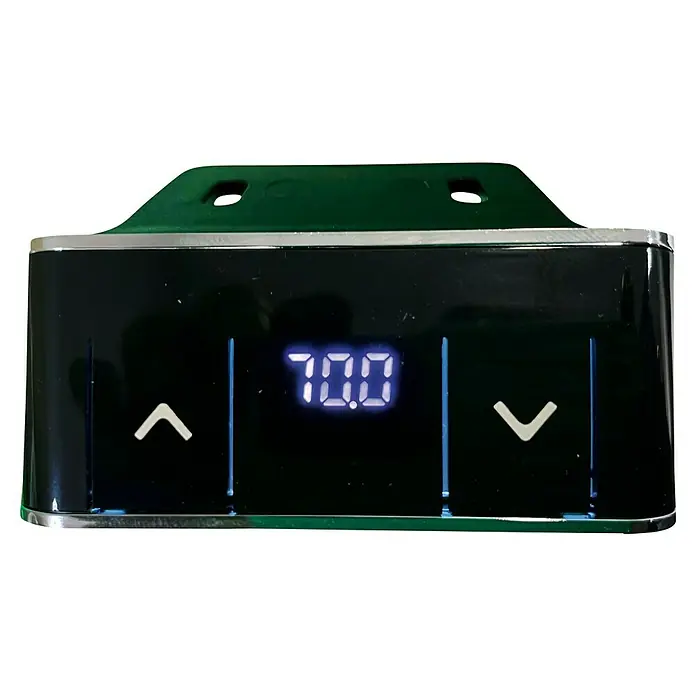 Bastidor de mesa T800 - Elevable, Blanco, Acero, Display digital y USB, Capacidad de carga: 80 kg - El producto es una pantalla digital en negro con un borde plateado, que muestra una temperatura de 70.0, con botones de flecha.