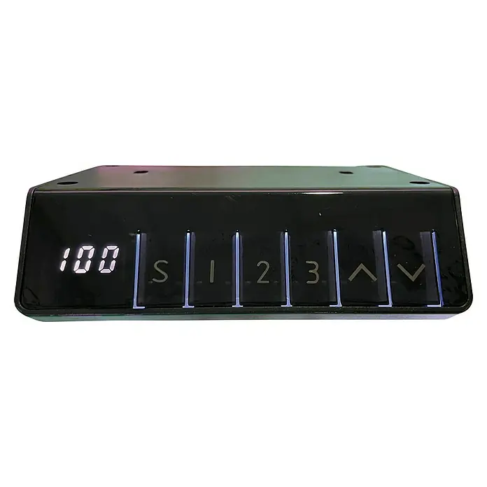 Bastidor de mesa T1000 - Elevable, Blanco, Acero, Display digital y USB, Capacidad de carga: 100 kg - Esta imagen muestra una pantalla electrónica que muestra "100" junto con botones para "S", "1", "2", "3", flechas hacia arriba y hacia abajo.