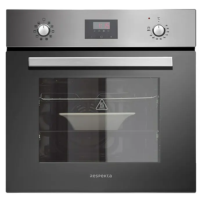 BAUHAUS Composición de cocina Marleen - Ancho: 340 cm, Gris, Color del cuerpo: Marrón, Con electrodomésticos - Horno empotrable Respekta en plata y negro, con pantalla digital y perillas de control.