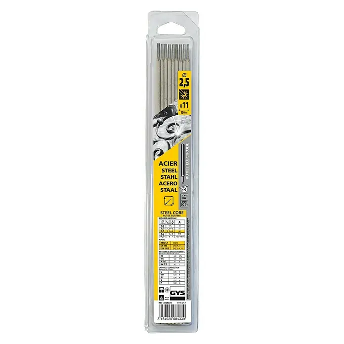 Gys Rutile Stahl-Elektrode - Durchmesser: 2,5 mm, 11 Stk. - Eine Packung mit 11 Stück 2,5 mm Stahl-Schweißelektroden, ideal für Schweißarbeiten mit Rutile-Ummantelung und Stahlkern.