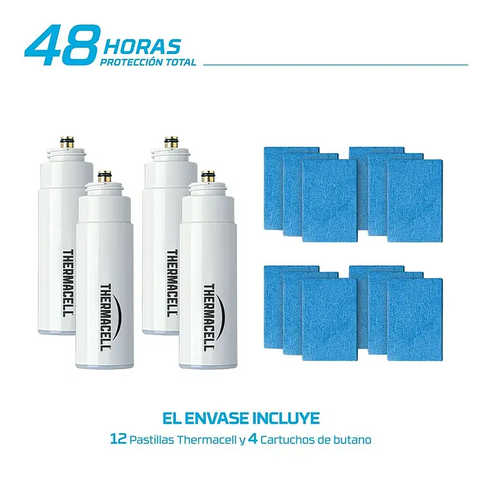 Thermacell Recambio Antimosquitos 48 horas - 16 pzs. - Imagen del producto del paquete de recambio Thermacell, que consta de 12 placas repelentes y 4 cartuchos de butano para la protección contra mosquitos.