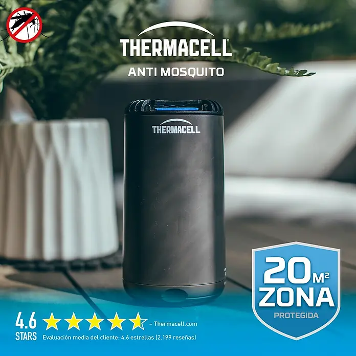 Thermacell Difusor Antimosquitos - Negro, Alcance: 20 m - Imagen del dispositivo repelente de mosquitos Thermacell, que proporciona una zona de protección de 20m², ideal para uso en exteriores.