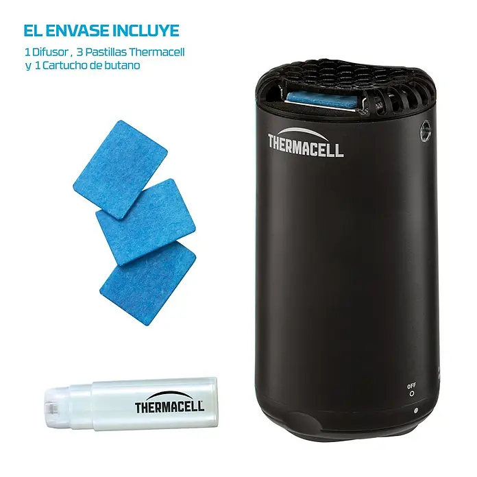 Thermacell Difusor Antimosquitos - Negro, Alcance: 20 m - Imagen de un dispositivo repelente de mosquitos Thermacell con recambios, incluyendo cartucho y pastillas repelentes.