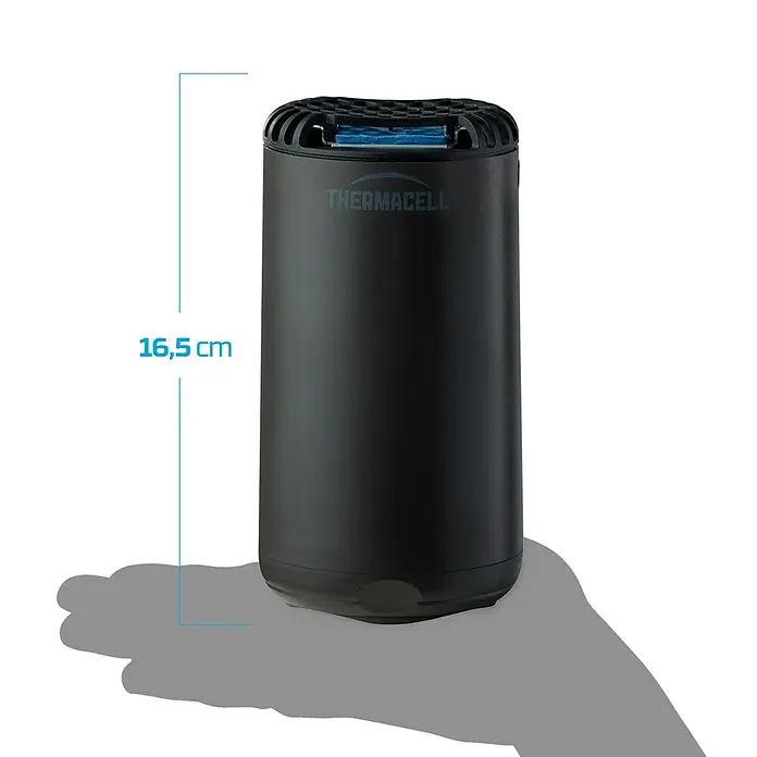 Thermacell Difusor Antimosquitos - Negro, Alcance: 20 m - El dispositivo repelente de mosquitos Thermacell, con un diseño negro elegante y una altura de 16,5 cm, ideal para uso en exteriores.