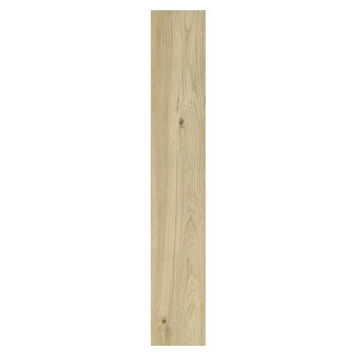 Laminado Roble Rock - 1.205 x 197 x 8 mm, AC5 - Primer plano de un único panel de parquet de roble rústico claro, que muestra la veta de la madera y los nudos de forma destacada.